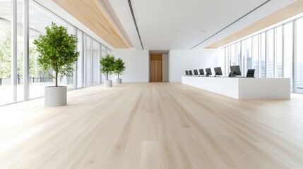 Obraz premium Modern office reception, wood floor, city view