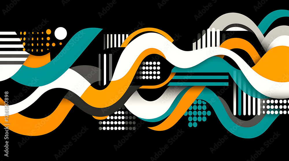 Poster abstract geometric wave pattern with lines and circles on black background design element