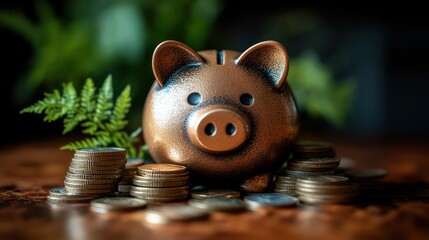 A piggy bank on a table, surrounded by coins and a green plant, symbolizing savings, wise investments, and financial growth in a calm, motivating scene.