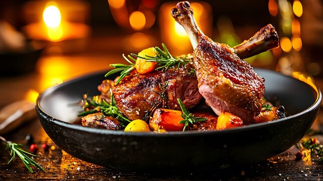 Black bowl filled with hearty slow-roasted duck confit on a wooden table with rustic background