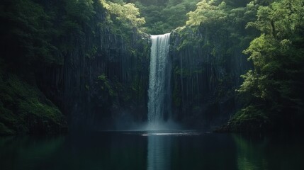 Serene waterfall cascading into lush forest pool, tranquil nature scene; ideal for travel brochures