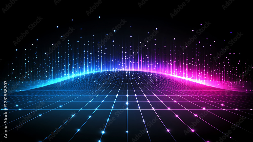 Poster abstract grid landscape with geometric wave lines and digital dotted particles design effect