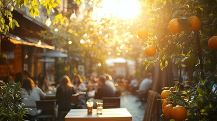 Warm sunset over a bustling outdoor cafe with citrus trees and happy patrons.