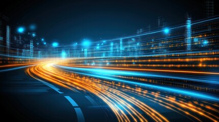 Obraz premium Vibrant night cityscape with light trails from moving vehicles creating a dynamic atmosphere