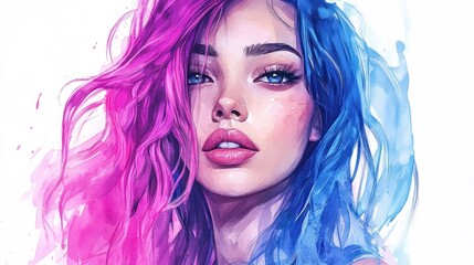 Fototapeta premium A vibrant portrait of a woman with colorful hair, blending pink and blue hues.