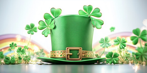 A green leprechaun hat with four-leaf clovers is set against a vibrant rainbow background. The colorful setting suggests celebrations and festivities, perfect for themed events