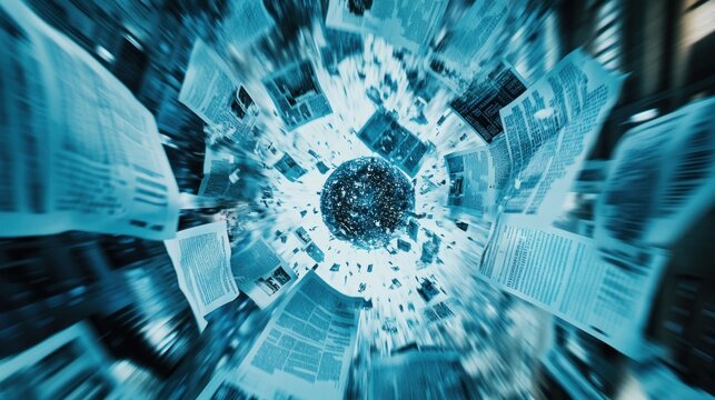 Abstract representation of a swirling vortex of newspapers surrounding a central globe, symbolizing information overload