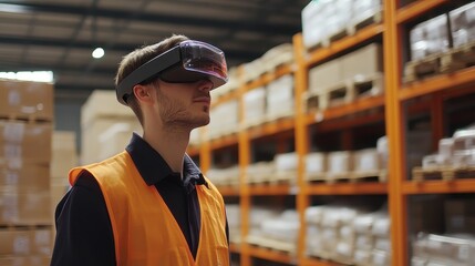 Warehouse worker using augmented reality for inventory management, e-commerce efficiency.