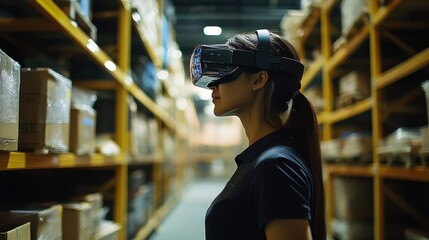 Warehouse worker using augmented reality for inventory management, e-commerce efficiency.