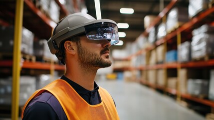Warehouse worker using augmented reality for inventory management, e-commerce efficiency.