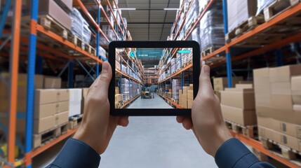 Warehouse worker using augmented reality for inventory management, e-commerce efficiency.