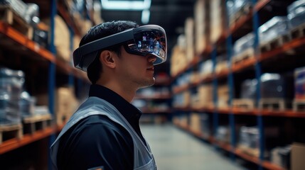 Warehouse worker using augmented reality for inventory management, e-commerce efficiency.