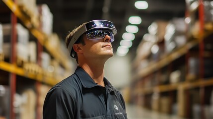 Warehouse worker using augmented reality for inventory management, e-commerce efficiency.