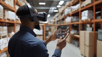 Warehouse worker using augmented reality for inventory management, e-commerce efficiency.