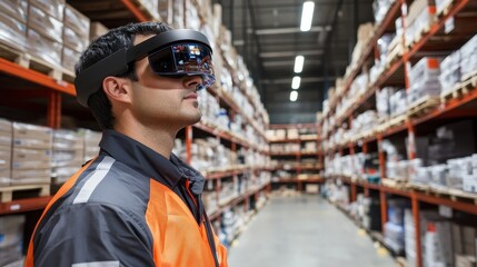 Warehouse worker using augmented reality for inventory management, e-commerce efficiency.