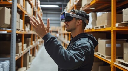 Warehouse worker using augmented reality for inventory management, e-commerce efficiency.