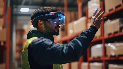 Warehouse worker using augmented reality for inventory management, e-commerce efficiency.