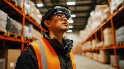 Warehouse worker using augmented reality for inventory management, e-commerce efficiency.