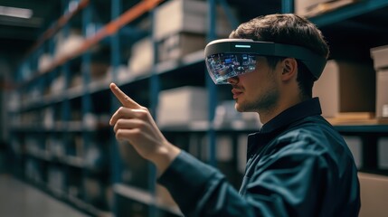 Warehouse worker using augmented reality for inventory management, e-commerce efficiency.