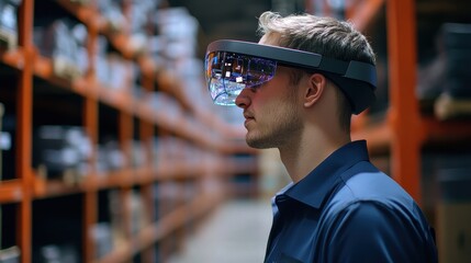 Warehouse worker using augmented reality for inventory management, e-commerce efficiency.