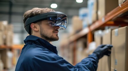 Warehouse worker using augmented reality for inventory management, e-commerce efficiency.