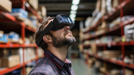 Warehouse worker using augmented reality for inventory management, e-commerce efficiency.