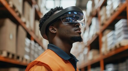Warehouse worker using augmented reality for inventory management, e-commerce efficiency.