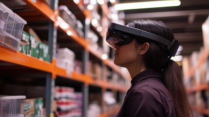 Warehouse worker using augmented reality for inventory management, e-commerce efficiency.