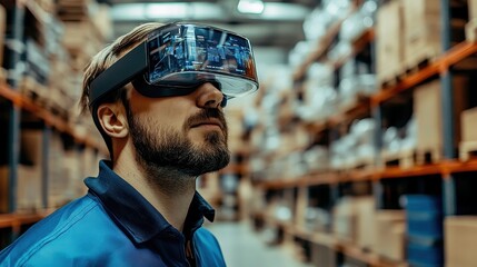 Warehouse worker using augmented reality for inventory management, e-commerce efficiency.