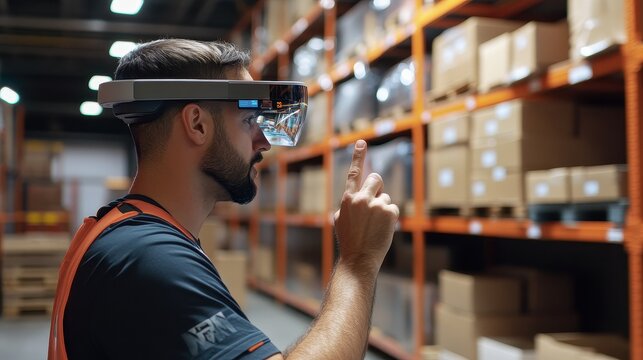 Warehouse worker using augmented reality for inventory management, e-commerce efficiency.