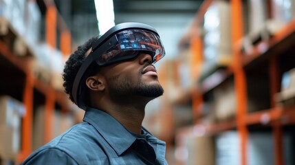 Warehouse worker using augmented reality for inventory management, e-commerce efficiency.