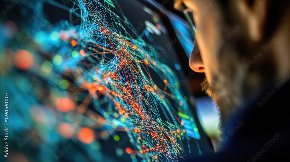 Poster close-up of a person analyzing complex data visualizations on a high-tech screen at night