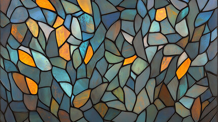 Abstract Stained Glass Artwork with Jewel Tones Blues and Golds Pattern in Organic Shapes Design