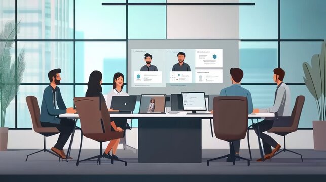 Zoom interview scene capturing the interactions between multiple participants in a virtual conference room