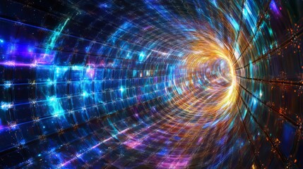Fototapeta premium Vibrant abstract tunnel with colorful light patterns swirling inward.