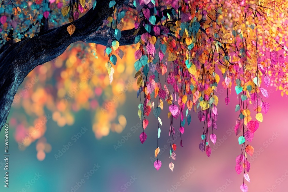 Poster a 3d abstract wallpaper featuring an elegant tree with multicolored, vibrant leaves cascading from h