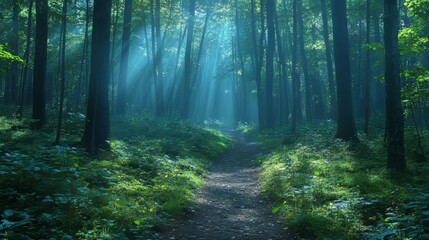 Obraz premium A serene forest path illuminated by soft rays of sunlight filtering through the trees.