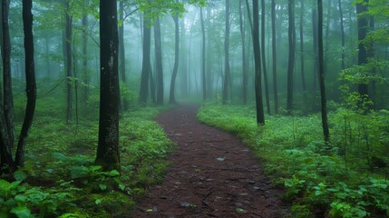Obraz premium A serene forest pathway under misty green hues.