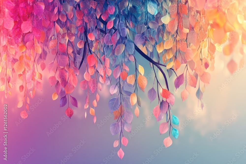 Poster a 3d abstract wallpaper featuring an elegant tree with multicolored, vibrant leaves cascading from h
