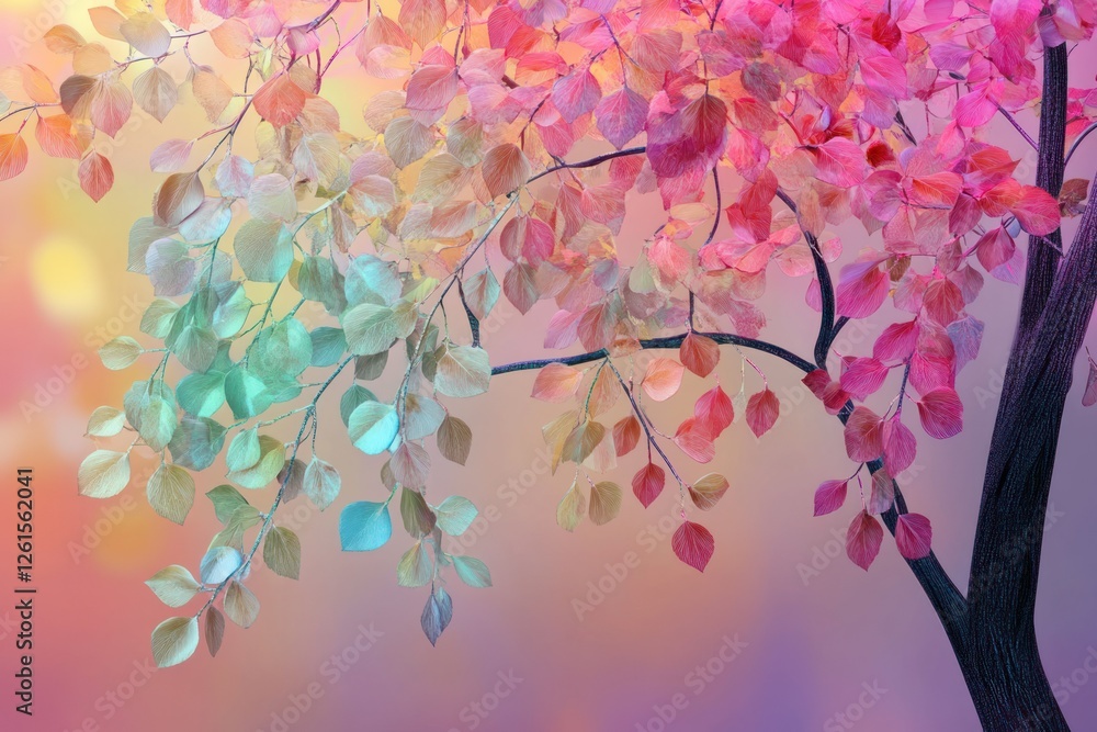 Poster a 3d abstract wallpaper featuring an elegant tree with multicolored, vibrant leaves cascading from h