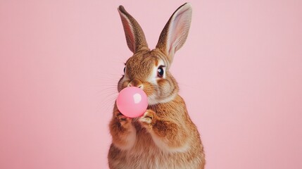 Fototapeta premium Cute brown rabbit blowing a pink bubble gum, against a solid pastel background, happy expression, natural posture, animal portrait photograph, commercial photography, close-up, minimalist style