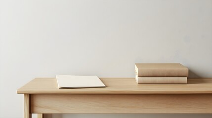 Fototapeta premium Minimalist Wooden Table with Books and Blank Notebook on Surface