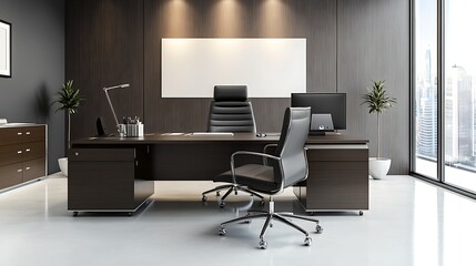 modern office with dark furniture and bright natural light 