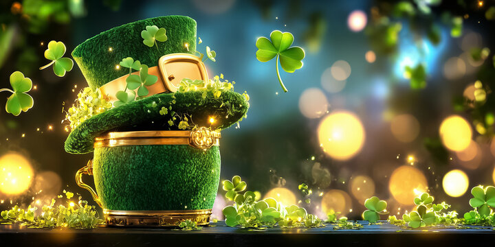 A green pot leprechaun hat adorned with clovers sits amidst shimmering bokeh lights. Ideal for creating a festive atmosphere during celebrations and themed events