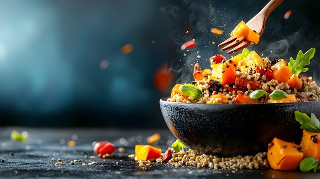 Bowl of hearty roasted butternut squash farro salad with a wooden spoon on a wooden table