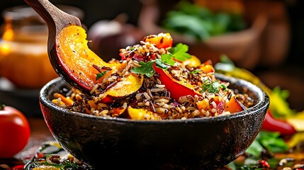 Bowl of roasted acorn squash and wild rice salad with fresh vegetables and herbs on a wooden table