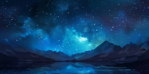 Fototapeta premium Serene Night Landscape Featuring Star-Filled Sky Vibrant Blue Hues and Mountains Reflecting on Calm Lake