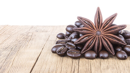 Anise Star and Coffee Beans on Rustic Wooden Table Top Arrangement for Gourmand Aroma Pleasure