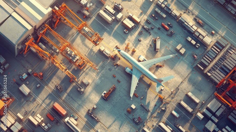 Poster a bird's eye view of a logistics hub with cranes, trucks, and planes, all synchronized for efficient