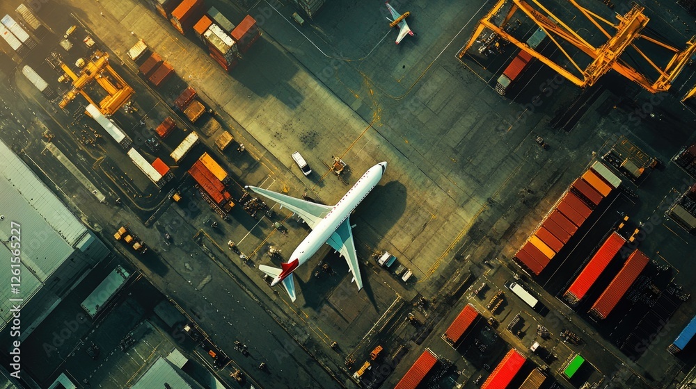 Poster a bird's eye view of a logistics hub with cranes, trucks, and planes, all synchronized for efficient
